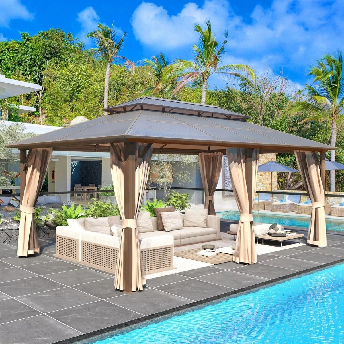 EROMMY hardtop-paviljoen, pergola voor buiten met dubbel dak, netten en gordijnen, extra stevig zonnescherm voor terras, achtertuin en zwembadfeest