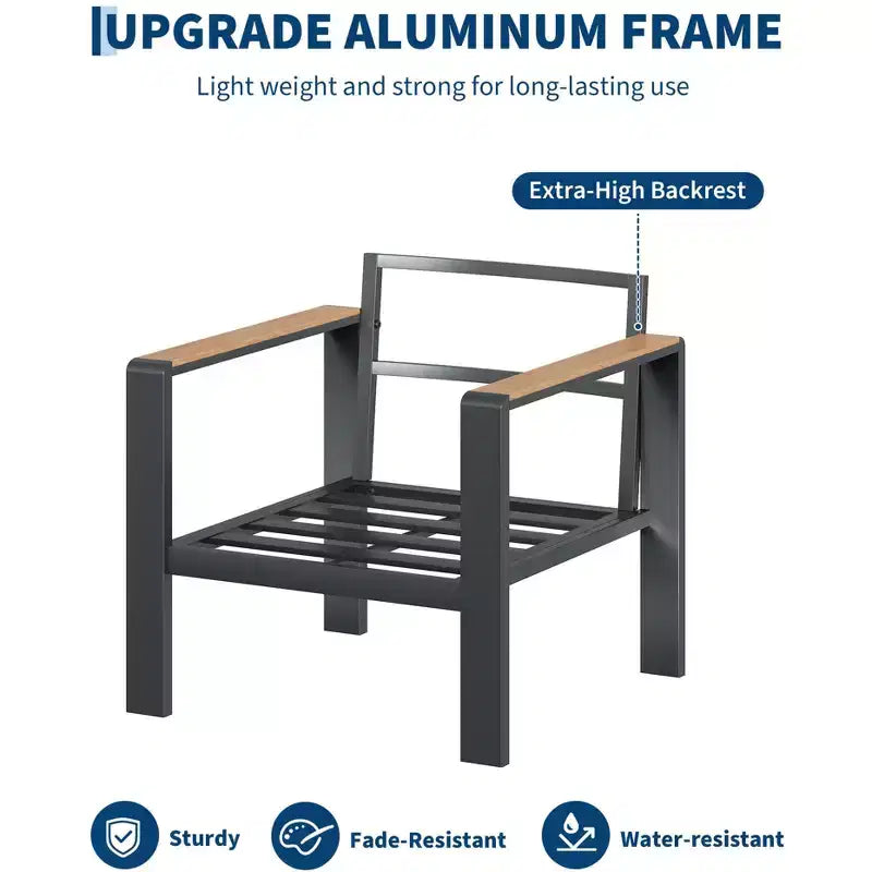 Ensemble de mobilier de patio en aluminium, canapé d’angle d’extérieur avec 5 coussins épais, 4 accoudoirs et table basse pour le jardin, la terrasse ou la cour