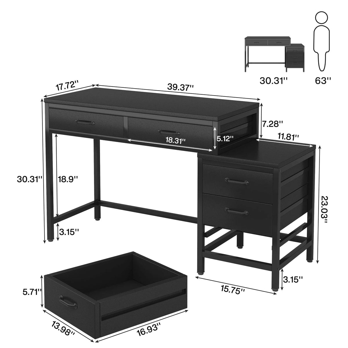 Wendbarer Computerschreibtisch mit 5 Schubladen, Schreibtisch fürs Homeoffice mit Aktenschublade und Druckerständer