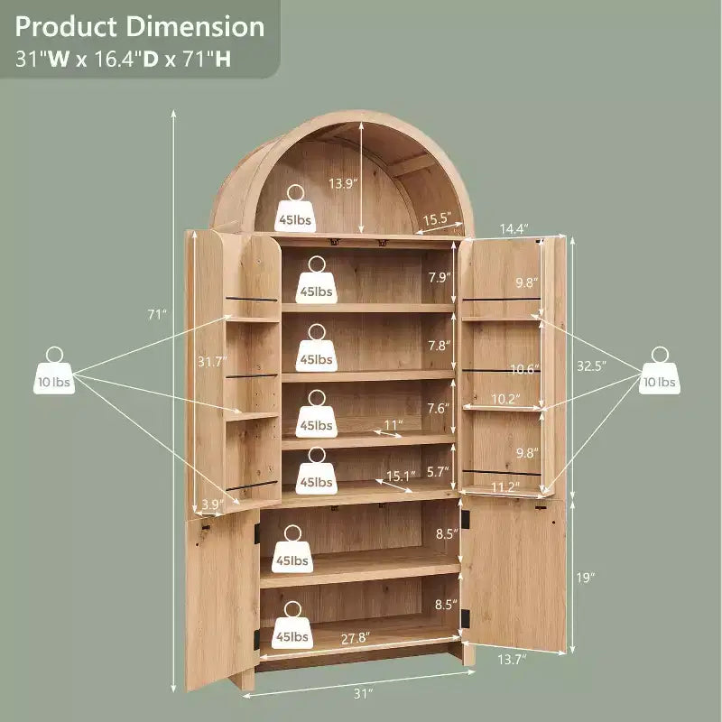 Dispensa da cucina alta 71 con arco, mobile contenitore moderno con 3 ripiani regolabili e 6 ripiani nelle ante, per cucina e soggiorno