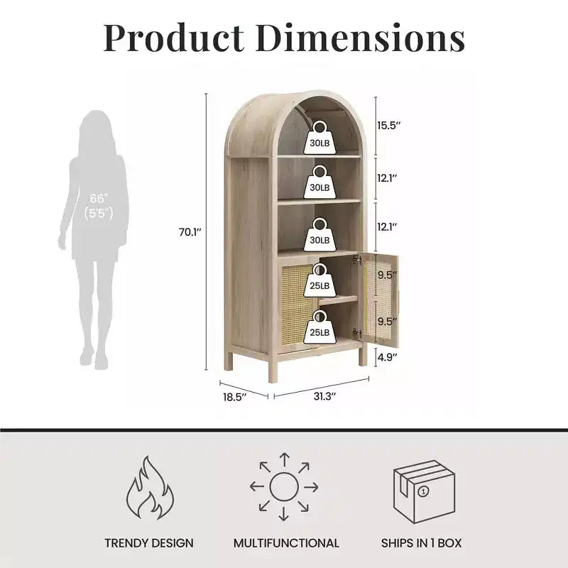 Böhmische Vitrine mit Rundbogen und 2 Türen aus künstlichem Rattan, 5 verstellbare Regalböden für Wohnzimmer und Küche, Beige