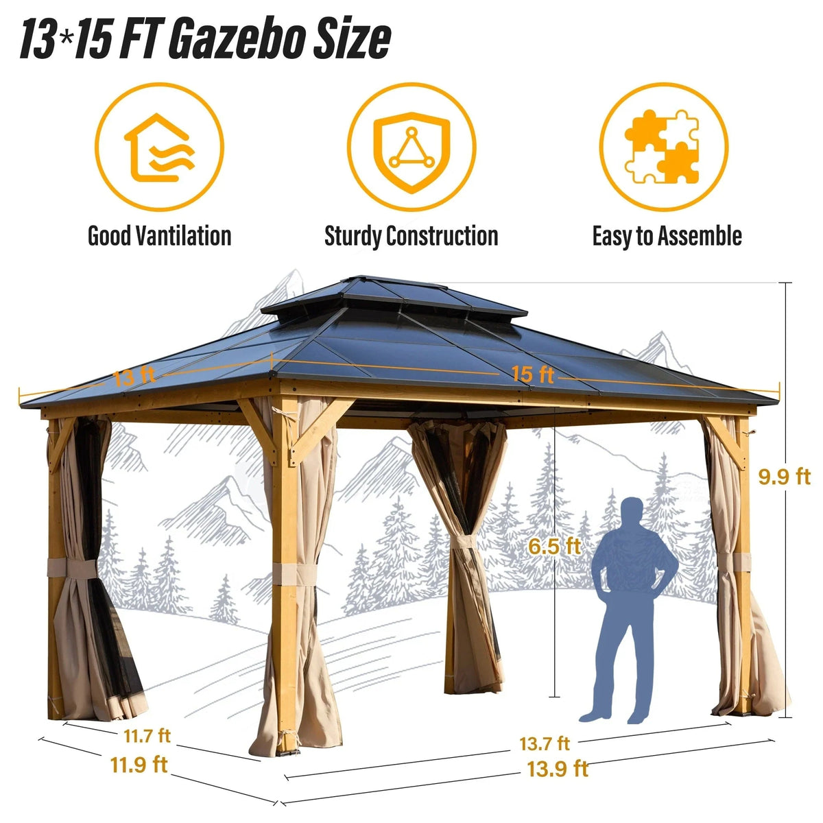 EROMMY hardtop-paviljoen, pergola voor buiten met dubbel dak, netten en gordijnen, extra stevig zonnescherm voor terras, achtertuin en zwembadfeest