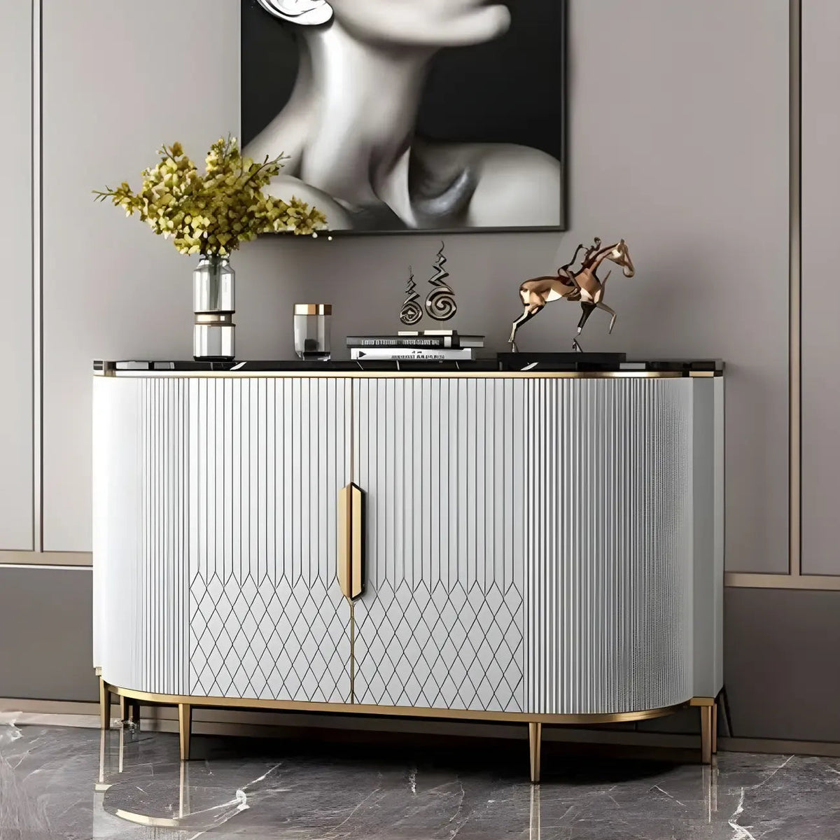 Glamour-dressoir met marmerlook en opbergruimte, grijs