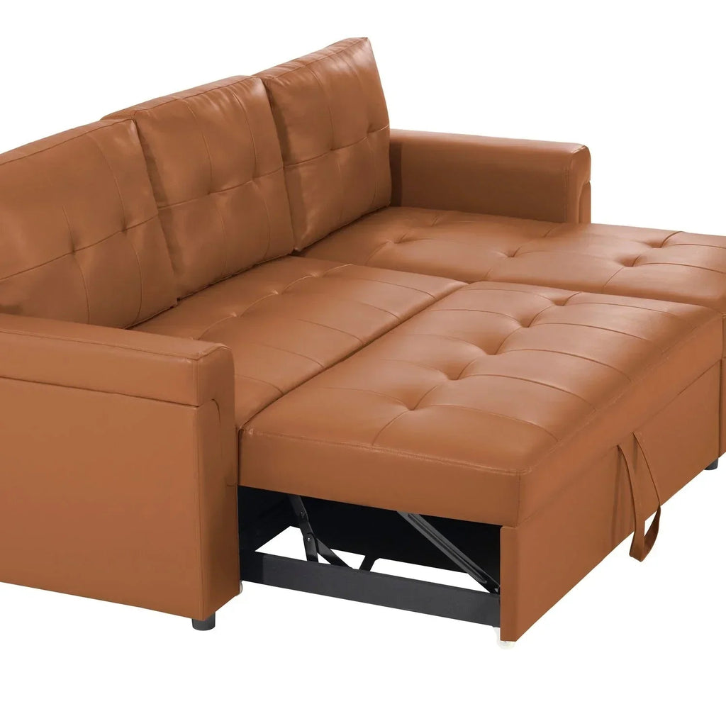 Umbaubares, beidseitig montierbares Ecksofa mit ausziehbarem Schlafbett, verstecktem Stauraum in der Recamiere und robusten Beinen