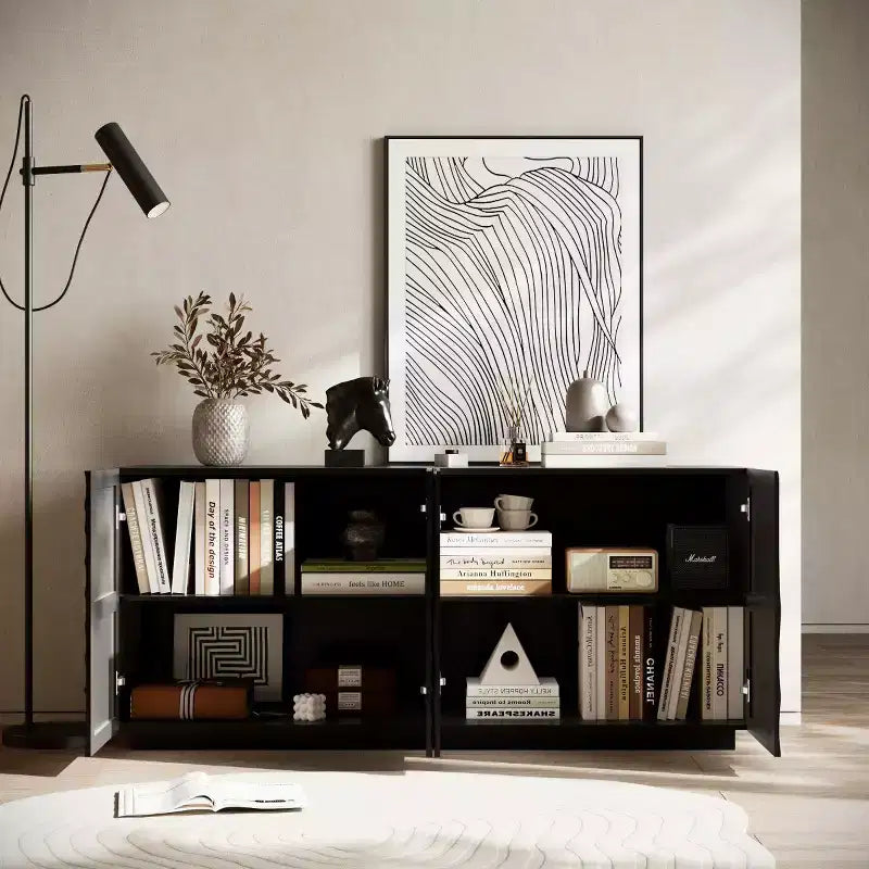 Credenza moderna a spirale 59, mobile contenitore basso per ingresso con ante dalla texture ondulata 3D
