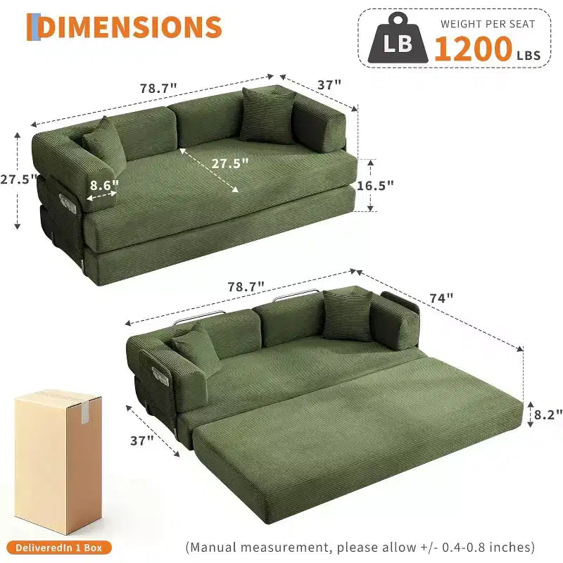 Canapé-lit convertible 5 en 1, banquette modulaire en velours côtelé de 78.8 avec cadre robuste, futon multifonction pour petits espaces, salon et chambre d’amis