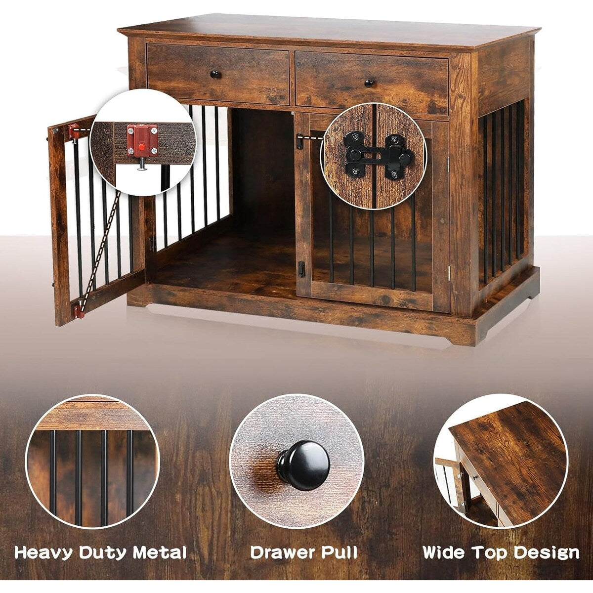 Cuccia per cani BOSSIN da 44 pollici, mobile in legno con tavolino laterale e cassetti contenitori, cuccia decorativa per animali domestici