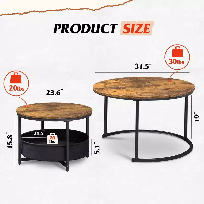 GALAXHERO set van 2 ronde nesttafels - salontafels van 31.5 met opbergruimte en metalen frame voor woonkamer/appartement