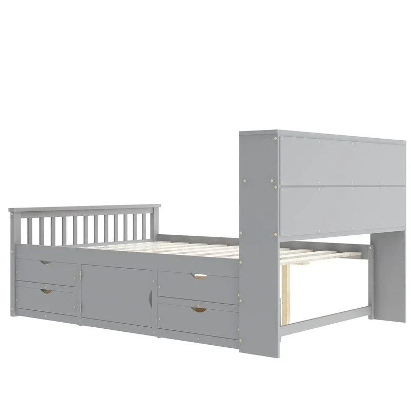 Letto a piattaforma Captain singolo/matrimoniale con 4 cassetti e ripiani contenitori, struttura in legno massello con testiera libreria contenitore