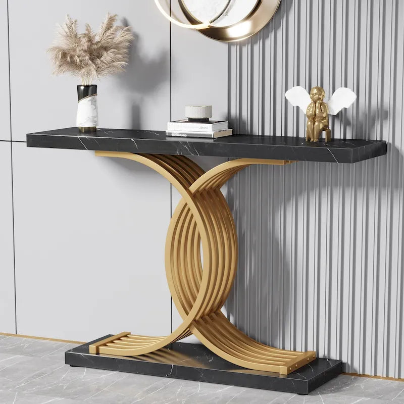 Schwarzer/goldener moderner Sofatisch mit Tischplatte in Marmoroptik, 39 Inches Holztisch für den Eingangsbereich mit geometrischen Metallbeinen