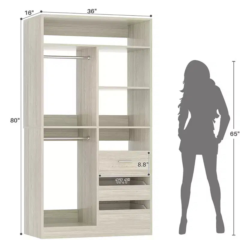 Organizer per armadio con cassetti in legno, sistema guardaroba indipendente con aste appendiabiti