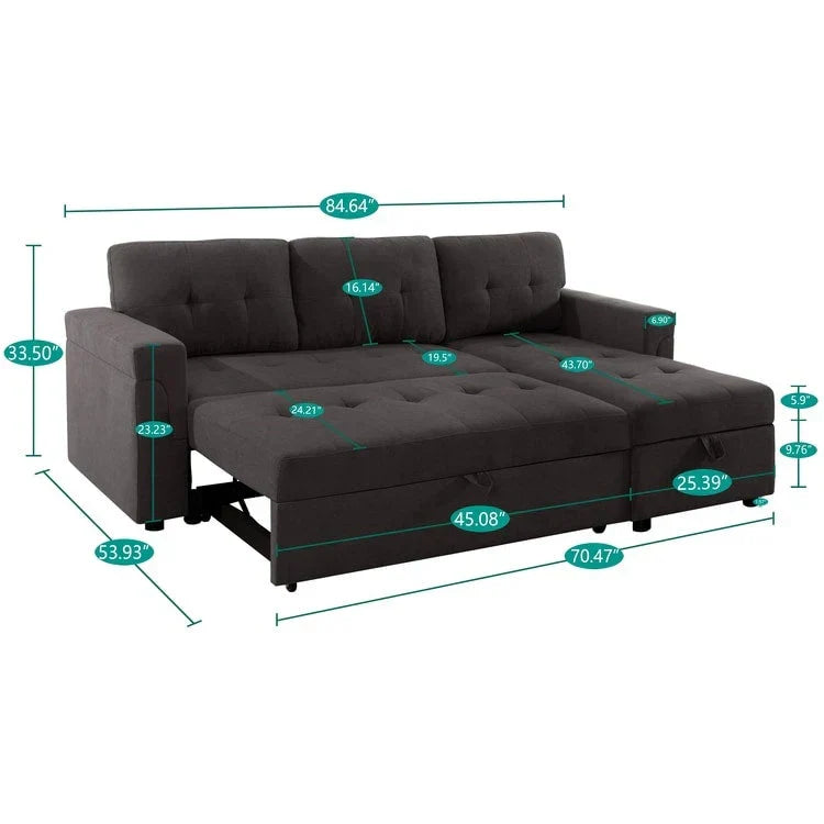 Umbaubares, beidseitig montierbares Ecksofa mit ausziehbarem Schlafbett, verstecktem Stauraum in der Recamiere und robusten Beinen