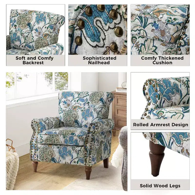 Araceli traditionele houten fauteuil met bloemenstof, hoge rugleuning met vleugels en siernagels| ART OF LIVING DESIGNS