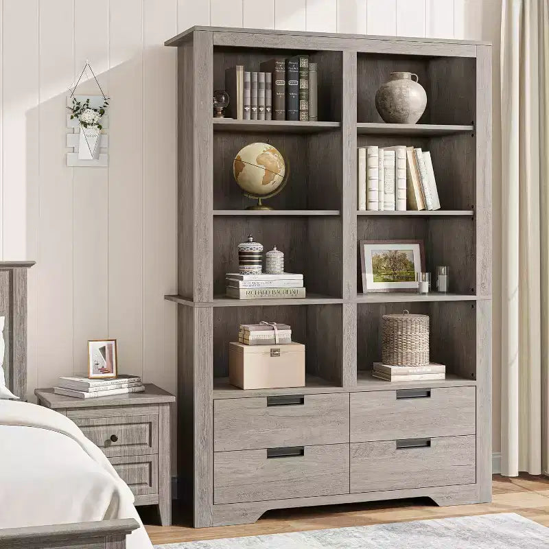 183 cm hohes Bücherregal mit 4 Schubladen, freistehendes Bücherregal im Landhausstil mit Stauraum für Schlafzimmer, Wohnzimmer und Homeoffice