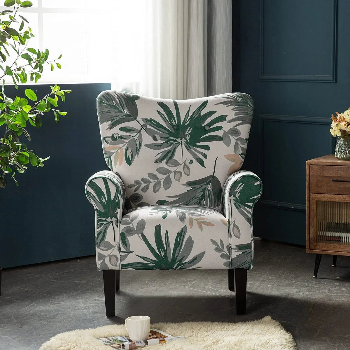 Erommy moderne fauteuil, fauteuil met hoge rugleuning, gestoffeerde eenzitsbank met knopen en houten poten voor de woonkamer