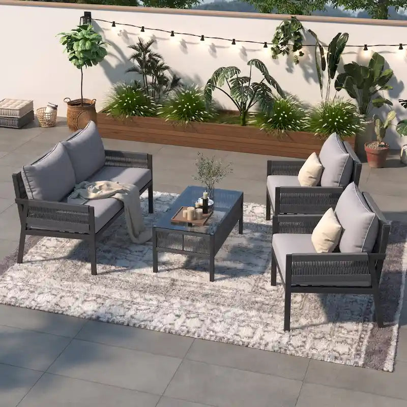 4-delige tuinmeubelset, loungeset voor buiten met tafel van gehard glas, diepe zit en dikke kussens