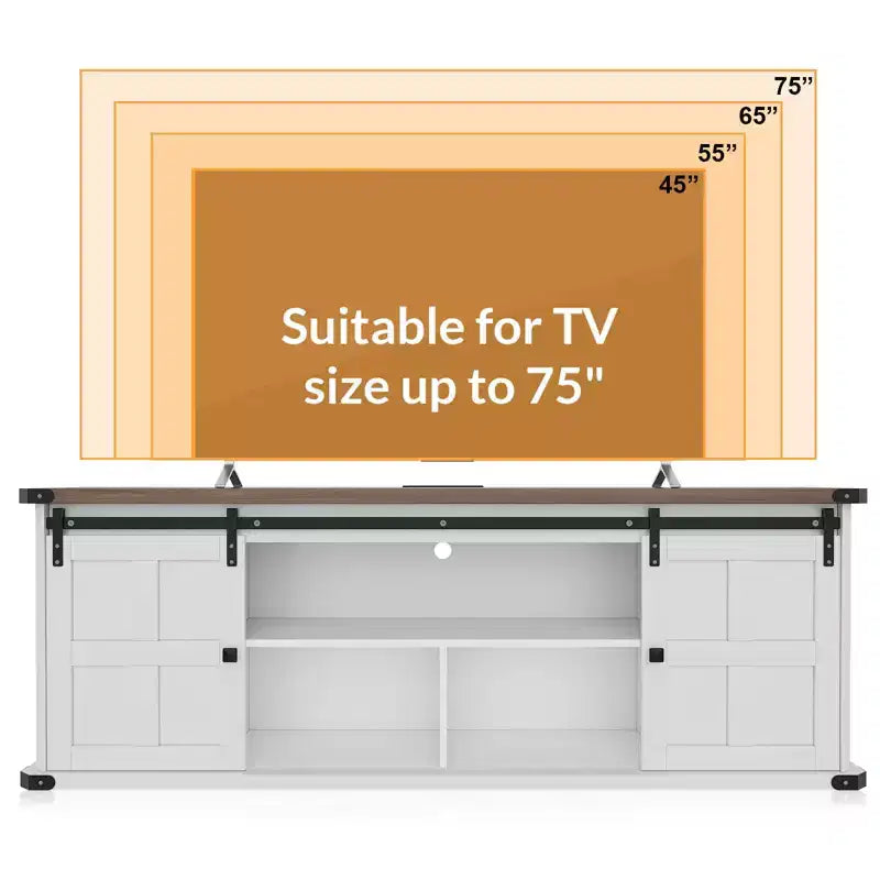 70-TV-Schrank für 75-Zoll-Fernseher, Unterhaltungsmöbel im Landhausstil mit Schiebetüren im Scheunentor-Stil und Stauraumschränken, moderner TV-Medienkonsolentisch