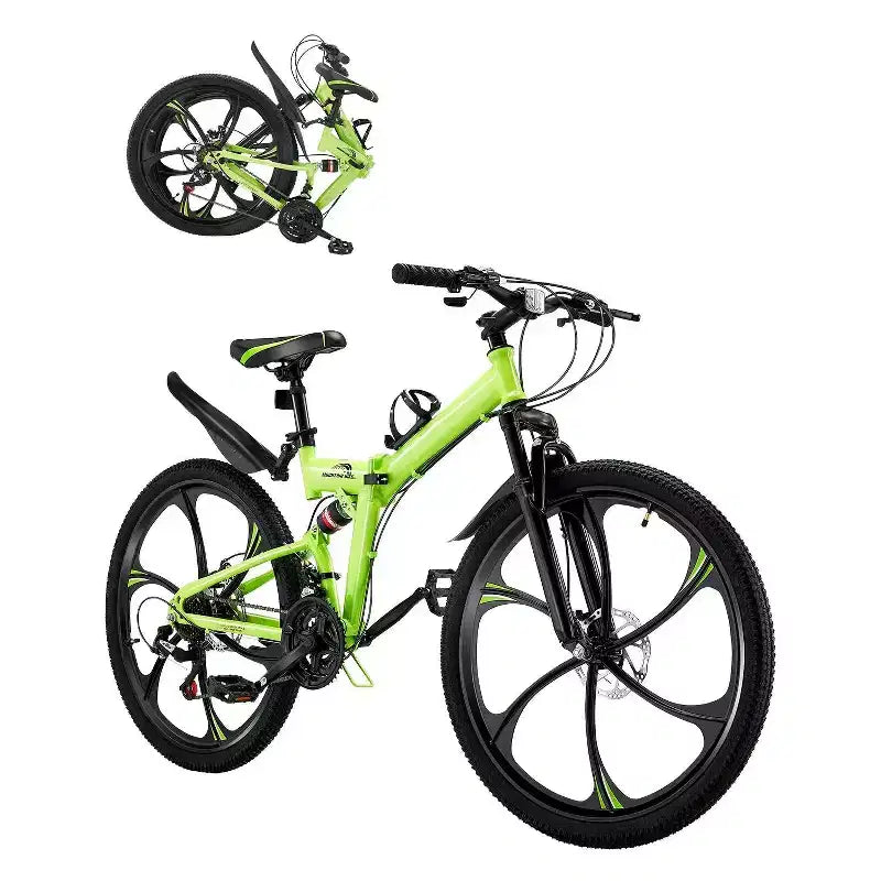 Vélo de montagne pliant de 26 avec suspension intégrale, transmission à 21 vitesses, freins à disque et cadre en acier à haute teneur en carbone pour hommes et femmes adultes