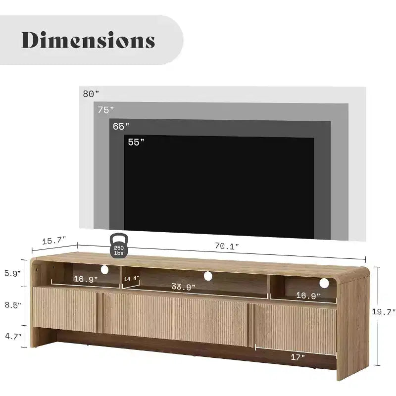 AMERLIFE Meuble TV moderne de 70 au design cannelé avec placards de rangement, pour téléviseurs jusqu'à 80, meuble de divertissement en bois, console multimédia pour le salon