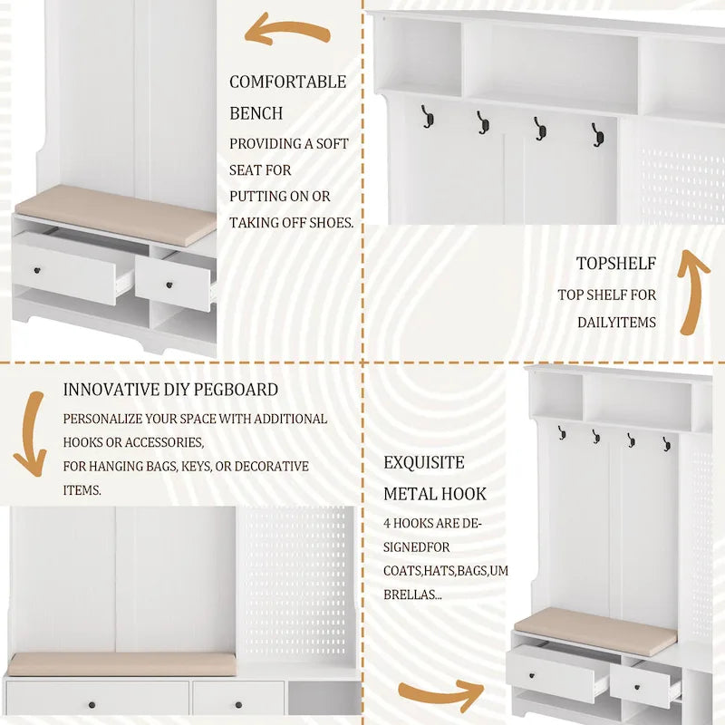 GDFStudio - Appendiabiti multifunzione Finn con panca portascarpe, pannello forato e ampio spazio contenitivo