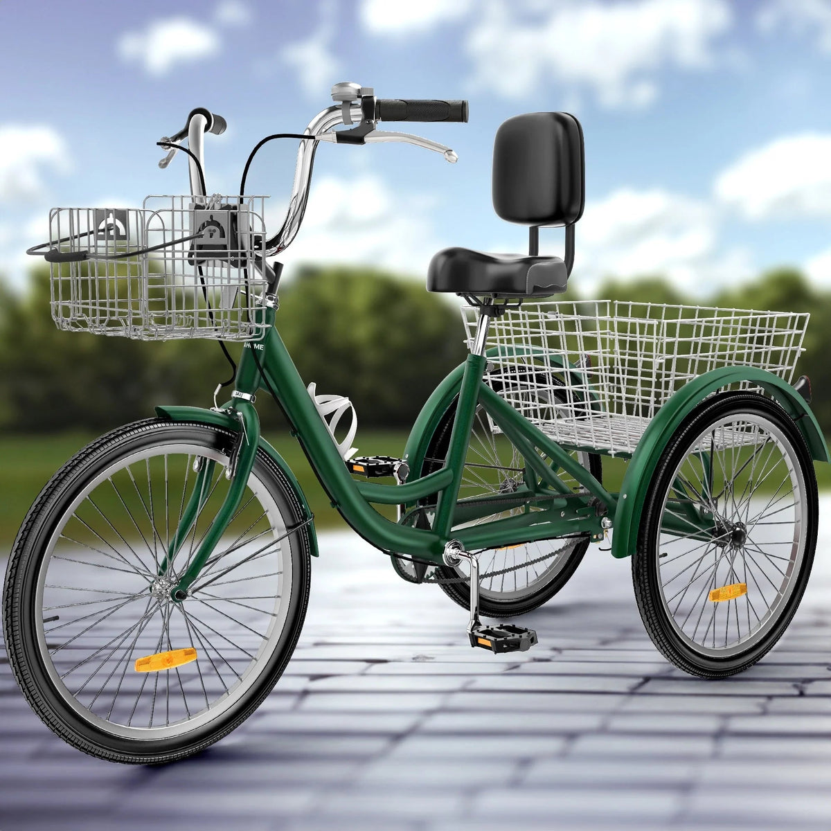 Vélo tricycle bleu pour adulte, 26, à 3 roues avec paniers amovibles