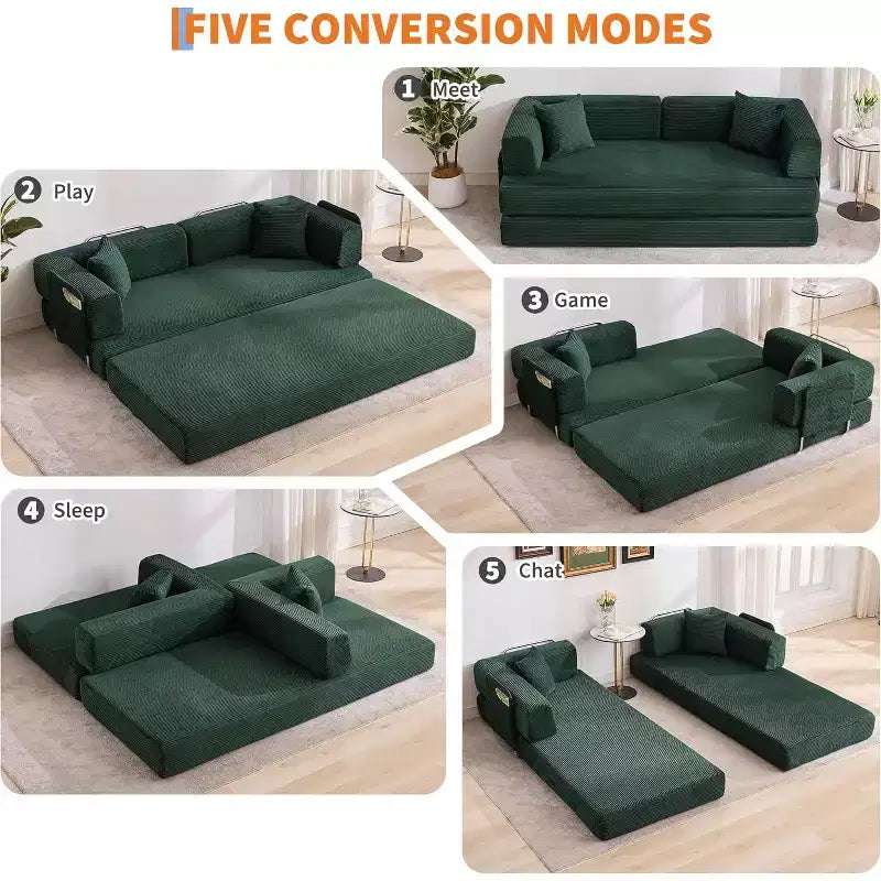 Canapé-lit convertible 5 en 1, banquette modulaire en velours côtelé de 78.8 avec cadre robuste, futon multifonction pour petits espaces, salon et chambre d’amis