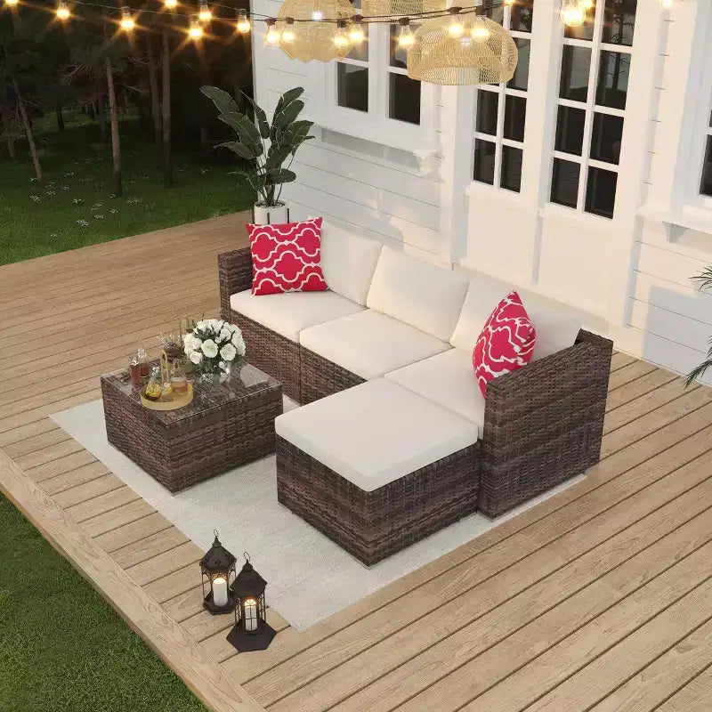 5 Pieces Patio Furniture Set, All-Weather Wicker Sectional Sofa With Anti-Slip Cushions, Rattan Outdoor Patio Furniture Sofa Set With Ottoman