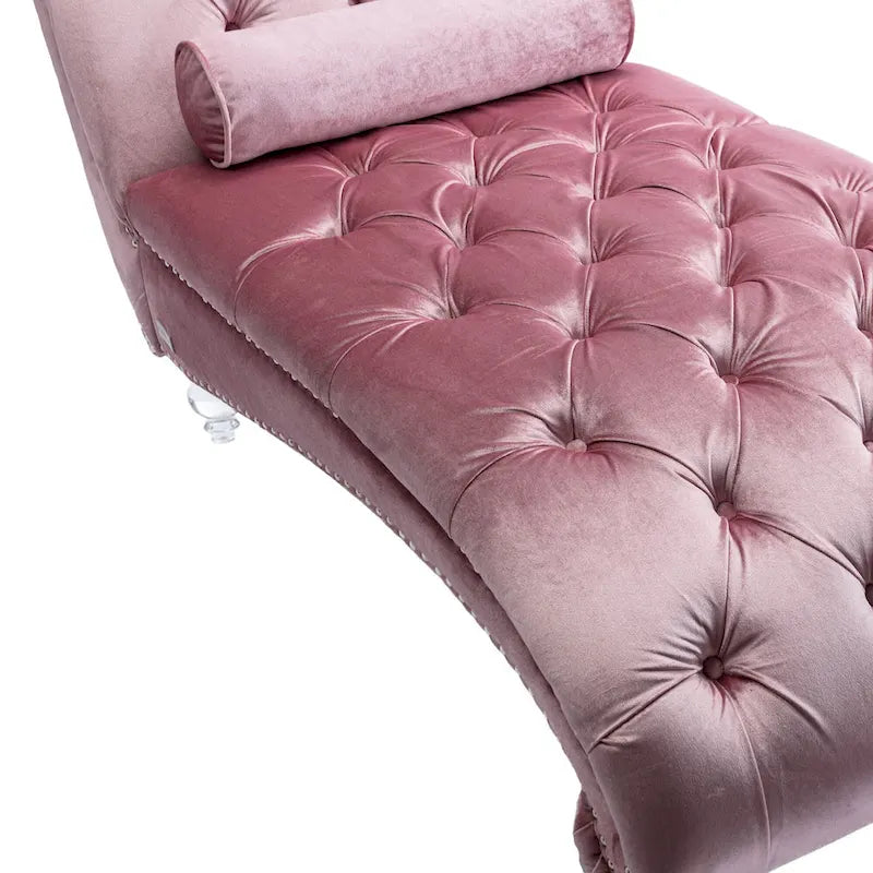 Chaise longue reclinabile imbottita in velluto con bottoni, cuscino e piedini in acrilico