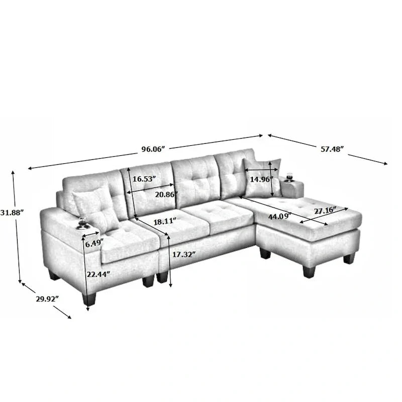 Wohnzimmer-Ecksofa mit L-förmiger Chaiselongue und Becherhalter