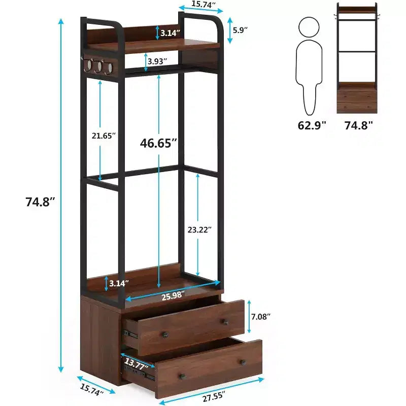 Lantine vrijstaande kledingkastorganizer, klein kledingrek met laden en planken, stevig kledingrek voor hal, entree en slaapkamer