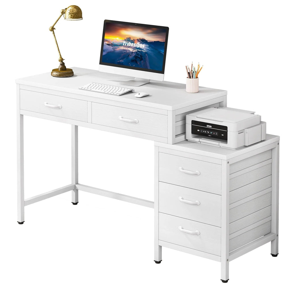 Wendbarer Computerschreibtisch mit 5 Schubladen, Schreibtisch fürs Homeoffice mit Aktenschublade und Druckerständer