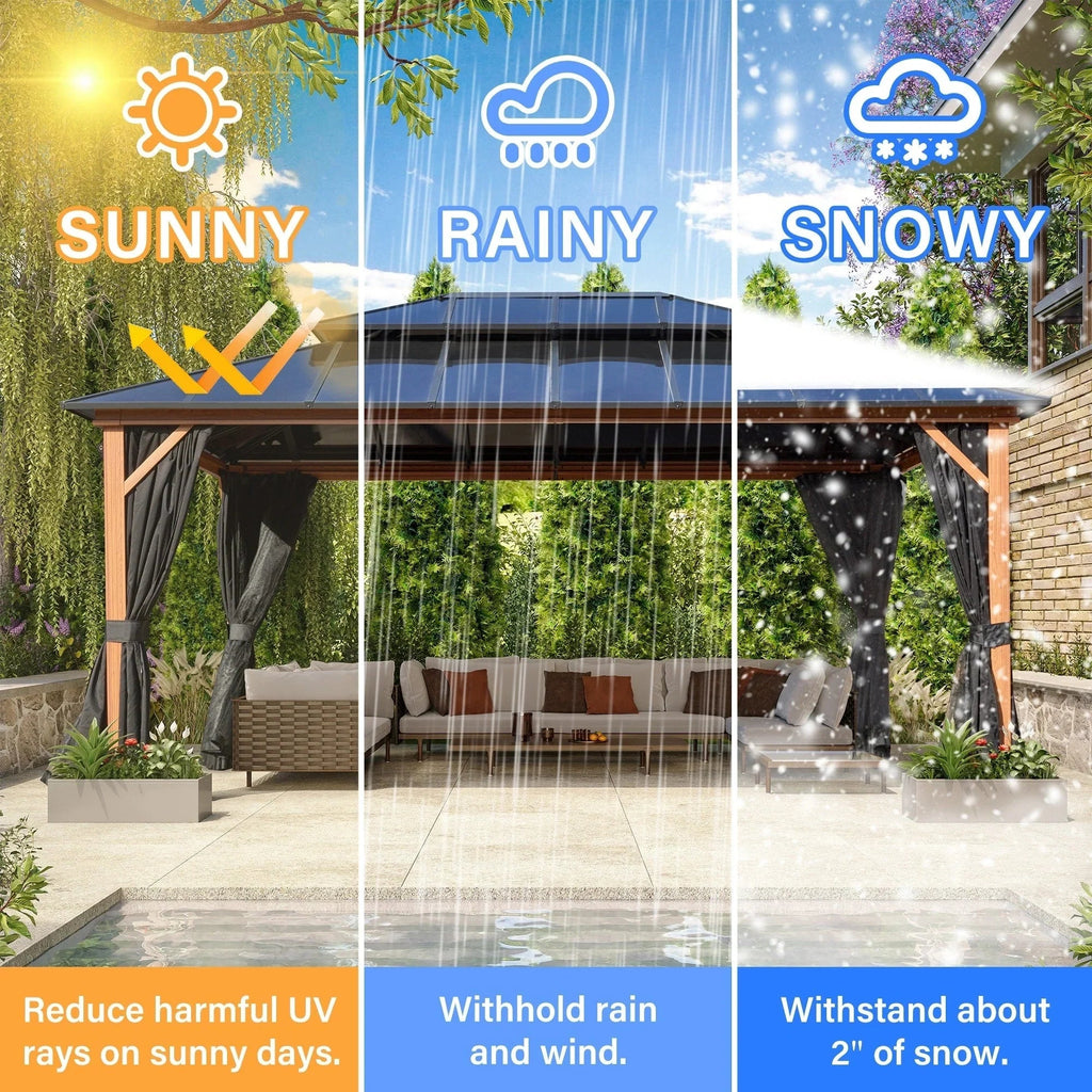 EROMMY hardtop-paviljoen, pergola voor buiten met dubbel dak, netten en gordijnen, extra stevig zonnescherm voor terras, achtertuin en zwembadfeest