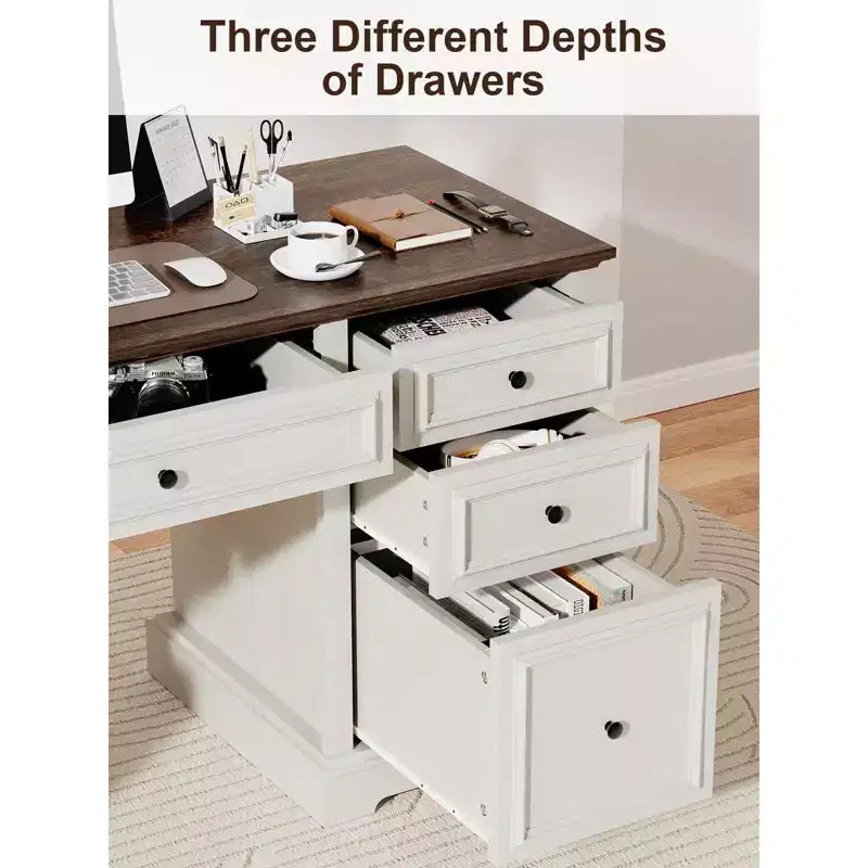 Dyonery 60-Zoll-Schreibtisch im Landhausstil mit Schubladen und Aktenschrank, Schreibtisch aus Holz mit geprägter Struktur fürs Homeoffice, Schwarz/Braun/Weiß und Braun