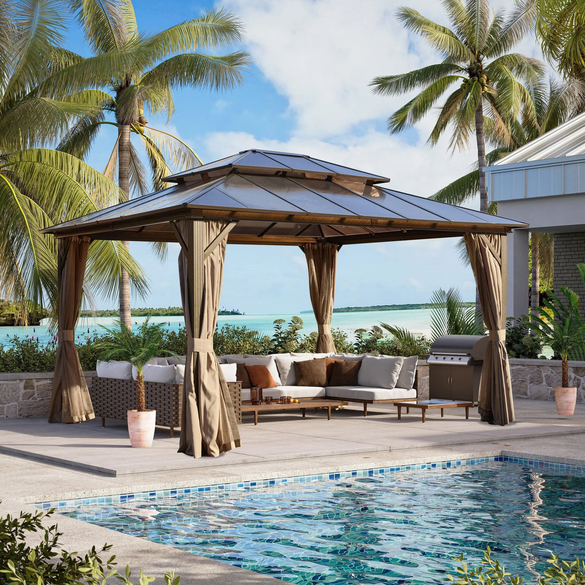 EROMMY hardtop-paviljoen, pergola voor buiten met dubbel dak, netten en gordijnen, extra stevig zonnescherm voor terras, achtertuin en zwembadfeest