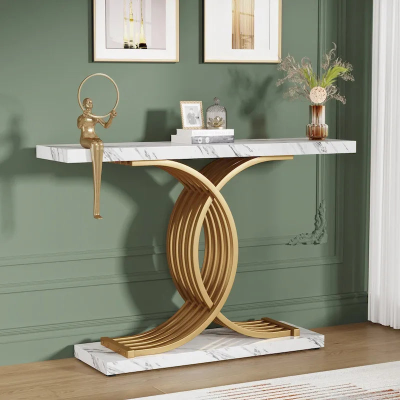 Schwarzer/goldener moderner Sofatisch mit Tischplatte in Marmoroptik, 39 Inches Holztisch für den Eingangsbereich mit geometrischen Metallbeinen