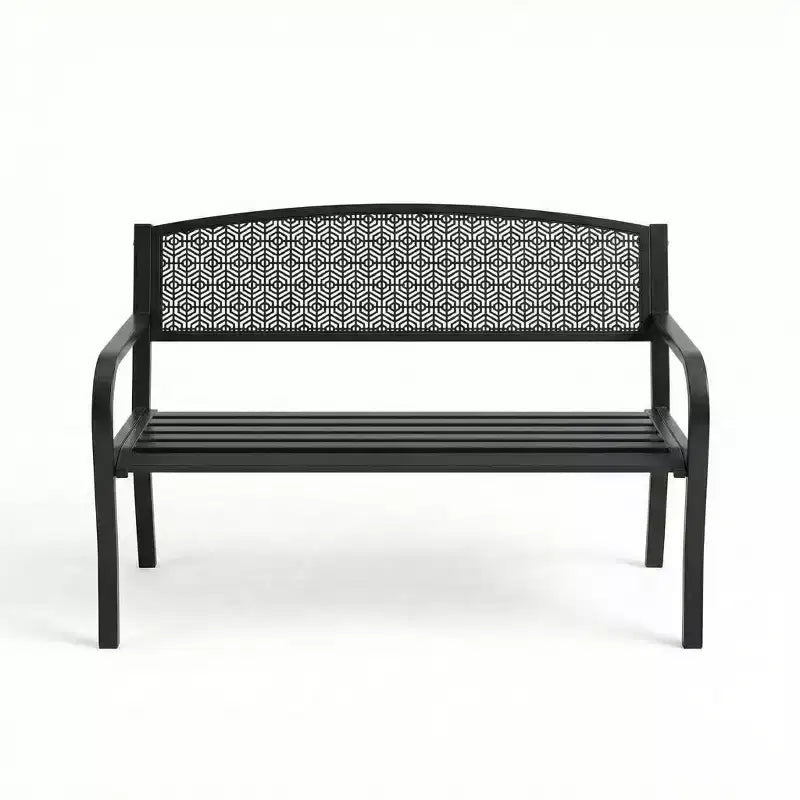Banc d’extérieur en métal pour 2 personnes, mobilier de jardin en acier avec dossier géométrique pour patio, jardin et véranda