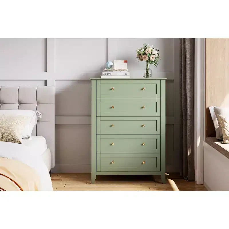 Commode de chambre à 5 tiroirs, hauteur de 42.5 pouces, armoire de rangement en bois avec tiroirs de 11.9 pouces de profondeur et poignées en métal doré, idéale pour l'entrée ou le couloir