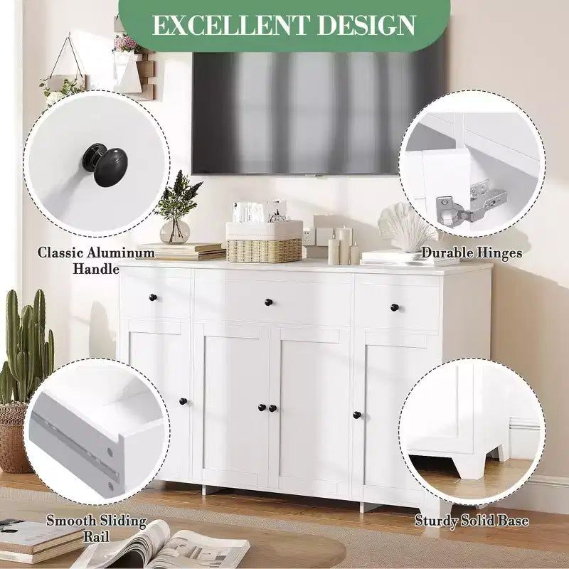 Buffet 55 avec 3 tiroirs et 4 portes, meuble de rangement de cuisine avec étagère réglable, pour la salle à manger ou le salon