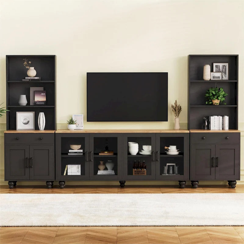 Zwart + donker walnootkleurig tv-meubel in landelijke stijl met boekenkasten en deuren van gehard glas voor tv's tot 70
