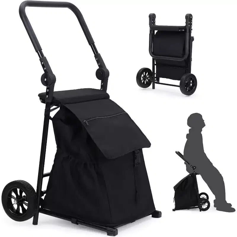 Carrello pieghevole Acekool 2-in-1 con borsa impermeabile rimovibile, cuscino di seduta spesso e manico regolabile antiscivolo, nero