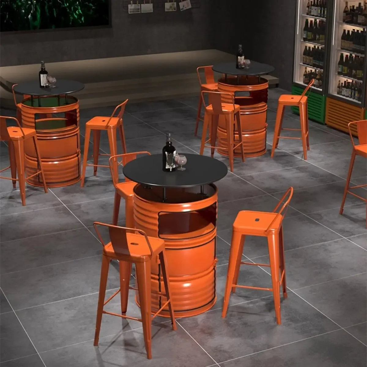 Industrielle schwarze und orangefarbene Metallfass-Tische mit Stauraum