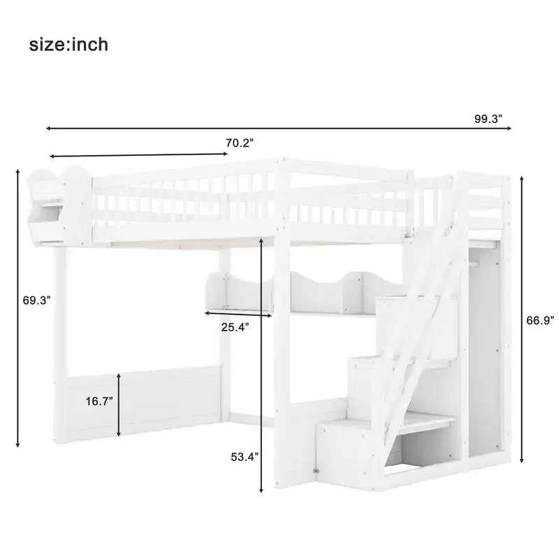 Hoogslaper voor queensize matras met trap, kledingkast en opbergplanken - MDF, 650 lb