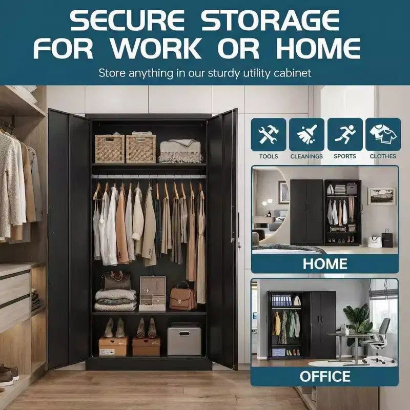 Armoire-penderie en acier robuste de 72in avec serrure, armoires de rangement métalliques pour garage, armoire métallique de rangement pour la maison, la chambre, le bureau ou le placard