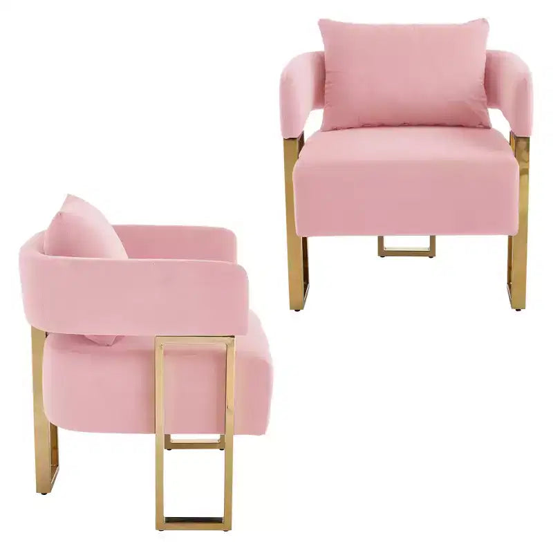 Set van 2 moderne gestoffeerde fauteuils met gouden metalen poten voor woonkamer, slaapkamer of kantoor