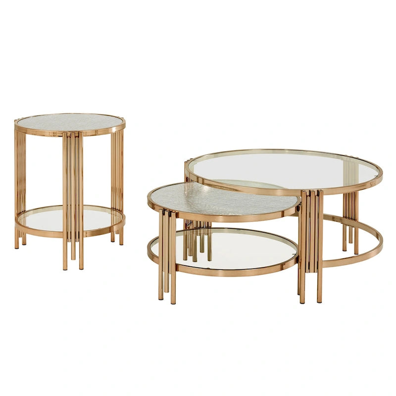 Table Bruges à plateau en verre texturé et finition or champagne avec étagère, par iNSPIRE Q Bold