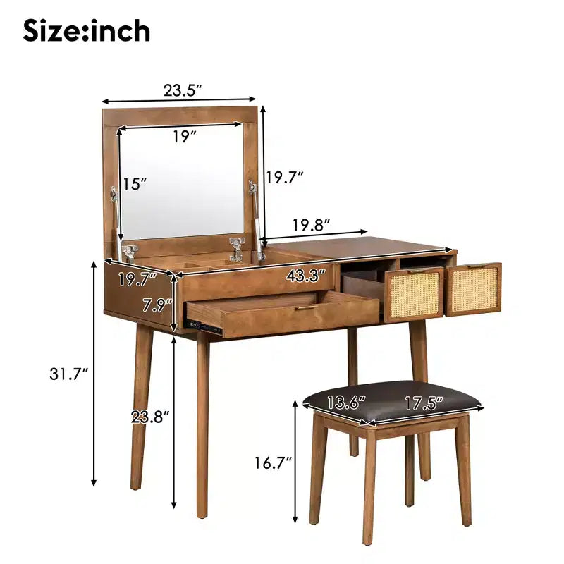 GDFStudio Vita klassieke houten kaptafelset met opklapbaar blad, verborgen spiegel, 3 opberglades en gevoerde kruk