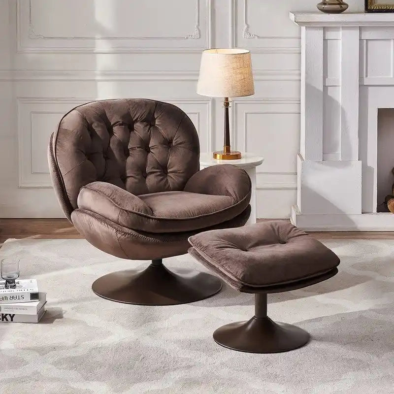 Fluwelen draaifauteuil met voetenbank, ronde leesfauteuil met voetenbankset, 360 draaibaar, metalen frame