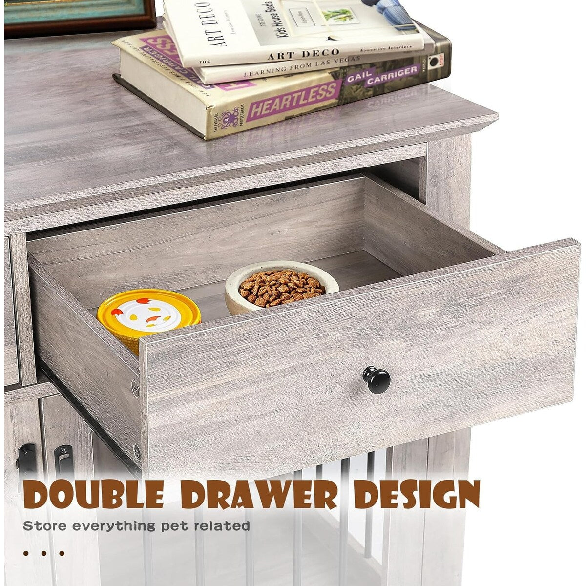 Cuccia per cani BOSSIN da 44 pollici, mobile in legno con tavolino laterale e cassetti contenitori, cuccia decorativa per animali domestici