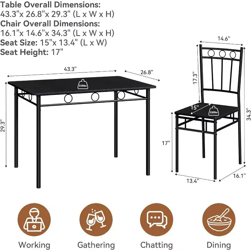 Dyonery rechthoekige eettafelset voor 4 personen, 5-delige keukentafelset met 4 stoelen, eettafelset, ruimtebesparende keukentafelset voor kleine ruimtes