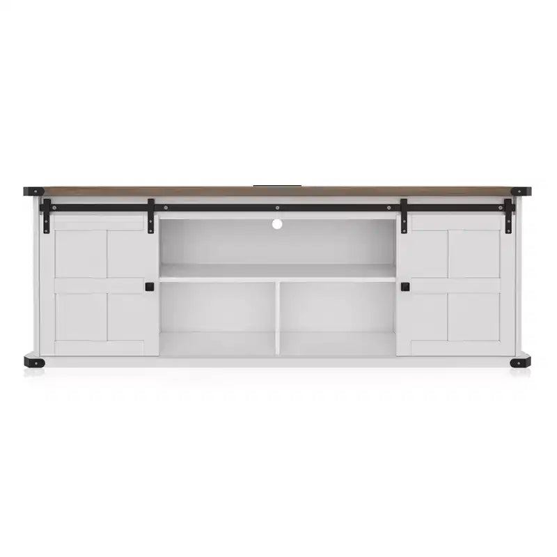 70-TV-Schrank für 75-Zoll-Fernseher, Unterhaltungsmöbel im Landhausstil mit Schiebetüren im Scheunentor-Stil und Stauraumschränken, moderner TV-Medienkonsolentisch